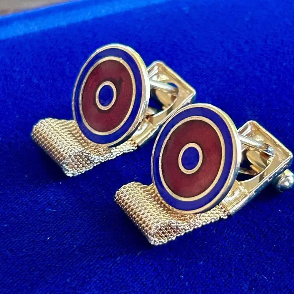 Vintage Blue and Red Bullseye Gold Tone Mesh Wrap Around Cufflinks